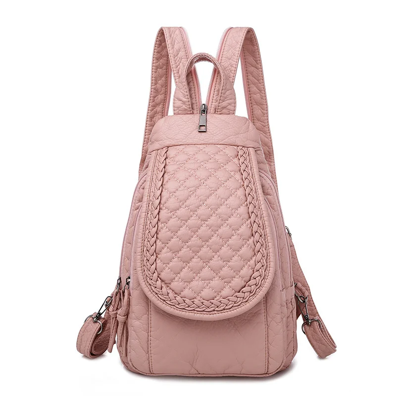 Pink-Rhombus New Ladies Soft Washed Leather Backpack 3-in-1 Cute Cat Women Bagpack Small Travel Backpack For Girls Sac a dos Mochila Feminina - Цвет: Pink-Rhombus