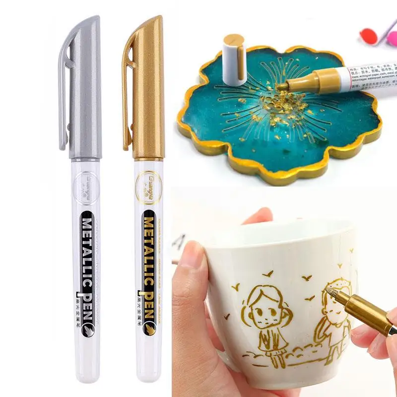 

2pcs/Lot DIY Metallic Waterproof Permanent Paint Marker Pens Gold Silver Highlights For DIY Epoxy Resin Craft Drawing Pen