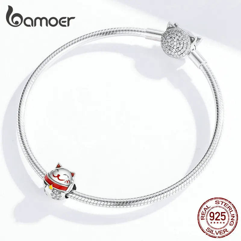 Bamoer 925 пробы Серебряный японский счастливый кот эмаль животное Шарм для женщин серебряный браслет со змеей 3 мм Ювелирные изделия SCC1374