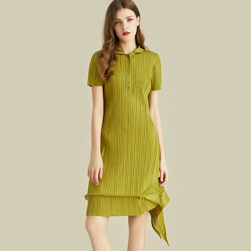 LANMREM зеленое платье с коротким рукавом отворотом плиссированное асимметричное
