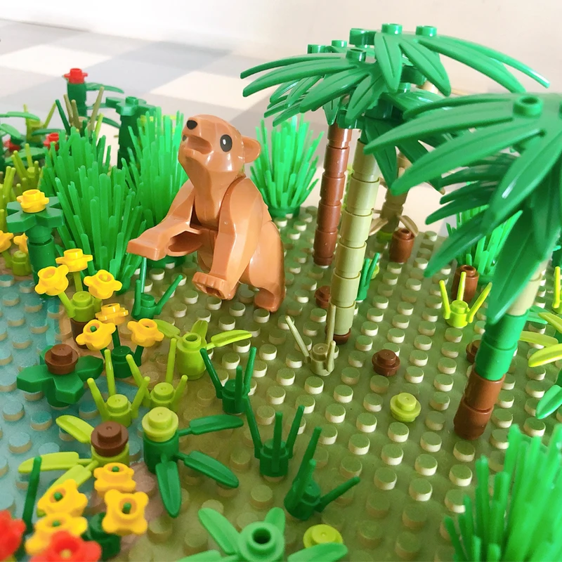 Rainforest Baseplate Parts Animal Green Grass Jungle Bush Flower Tree Plants Building Blocks DIY MOC Assemble Children Toy Gifts