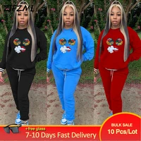 bulk items wholesale lots 2 piece pant suit casual print women sets full sleeve sporty hoodie and jogger sweatpant streetwear