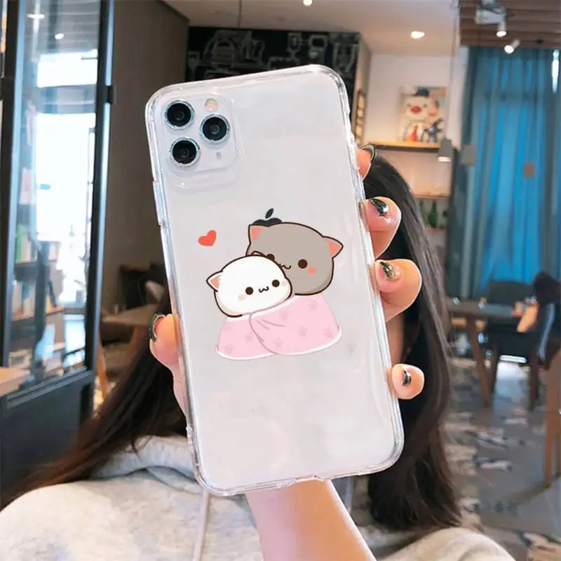 

Cartoon cute Peach cat Phone Case Transparent soft For iphone 5 6 7 8 11 12 s c se plus mini x xs xr pro max cover shell funda