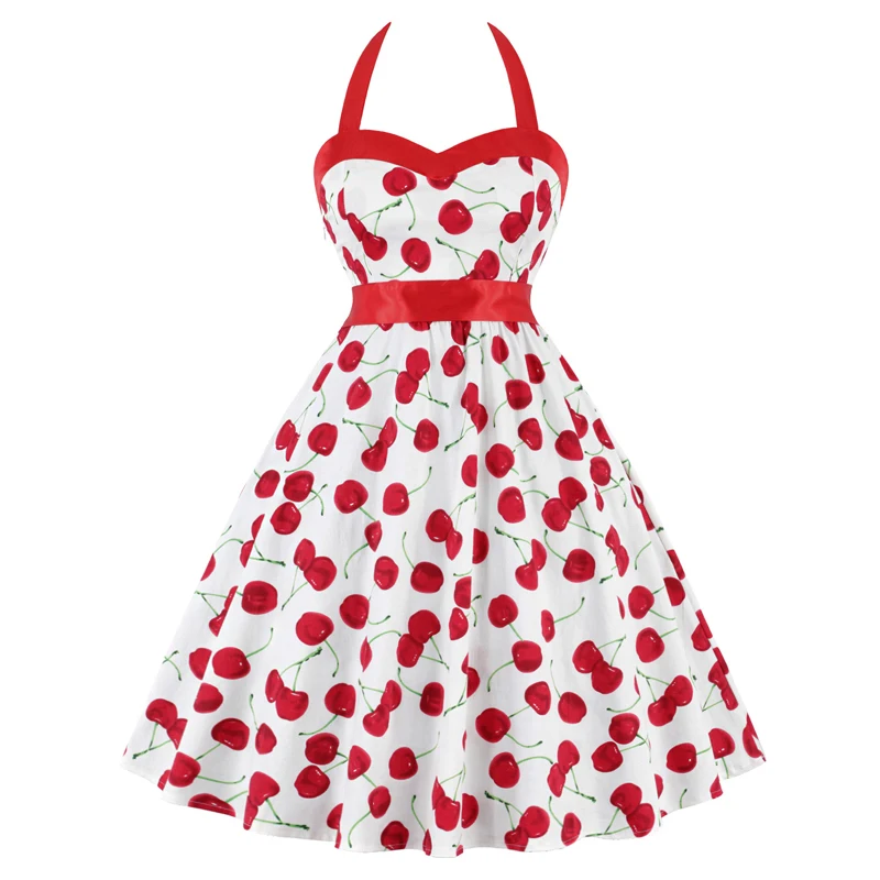 Женское винтажное вечернее платье с красными вишнями Элегантное летнее 50s