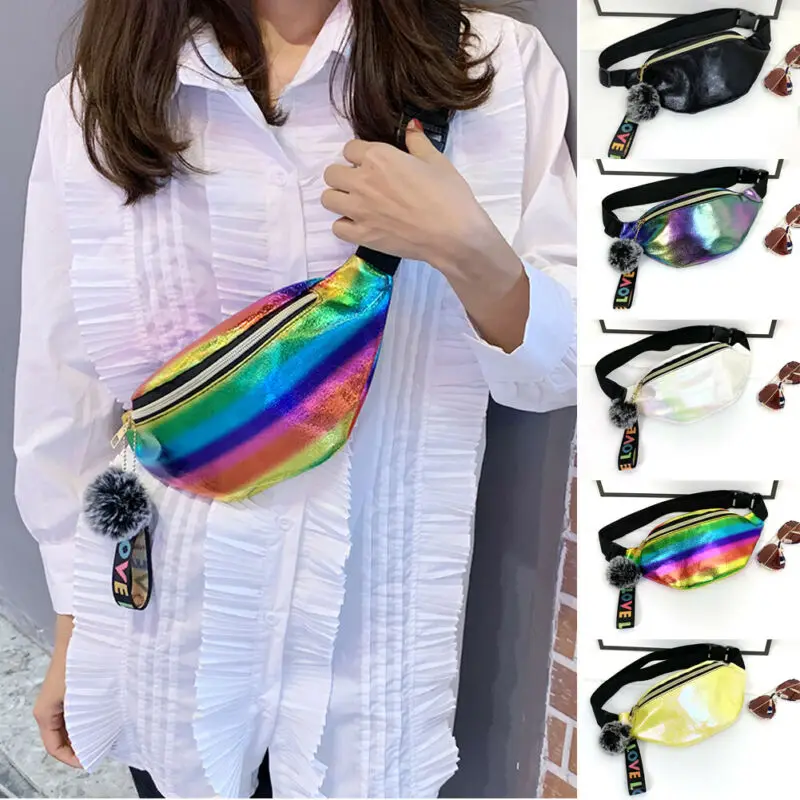 

Women Girls Waist Pack Rainbow Colorful Fanny Belt Bag Pom Love Tassel Pouch Hip Bum Bags Travel Sport Small Purse Fashion New