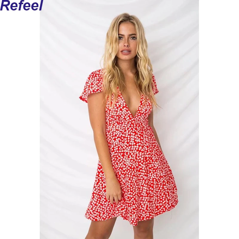 

Short Sleeve Deep V-neck Sexy Slim Floral Women's Dress Fashion Casual Elegant Summer Dresses Women's Party Sundress