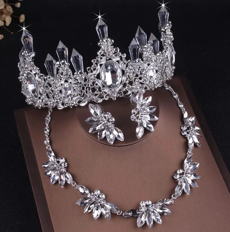3Pcs White Set Благородный фиолетовый кристалл свадебные ювелирные наборы ожерелья серьги Корона набор диадем Африканский бисер комплект ювелирных изделий свадебное платье аксессуары - Окраска металла: 3Pcs White Set