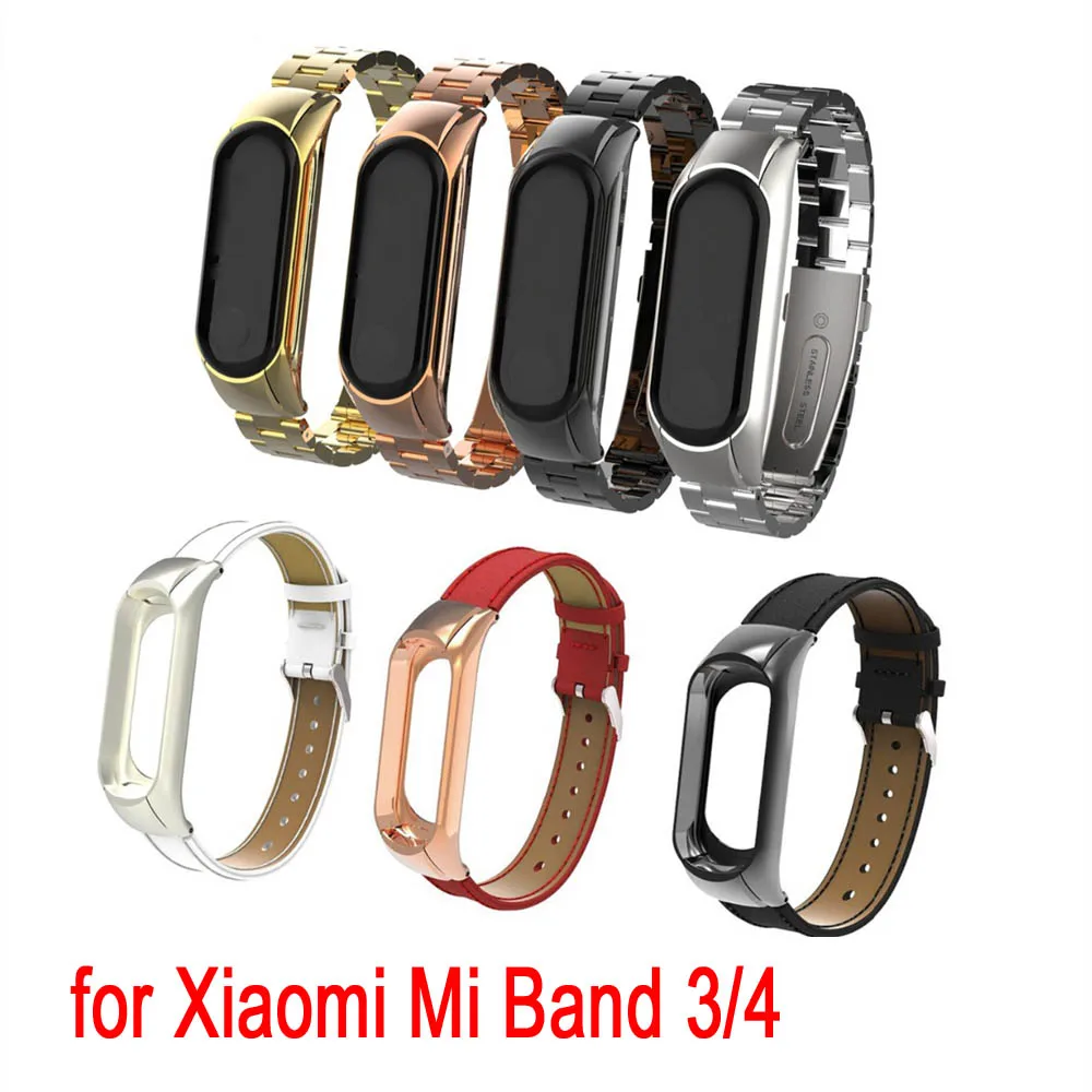 Сменный металлический ремешок mi Band 3/4, браслет из нержавеющей стали, магнитные кожаные ремешки, аксессуары для xiaomi mi band 3/4, браслет