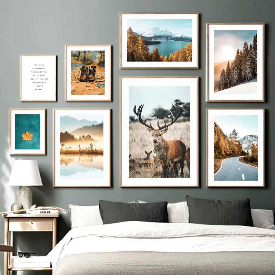 

Осенний олень озеро плато кленовое дерево цитата в скандинавском стиле пейзаж настенная Картина на холсте постеры и принты Декор для гости...