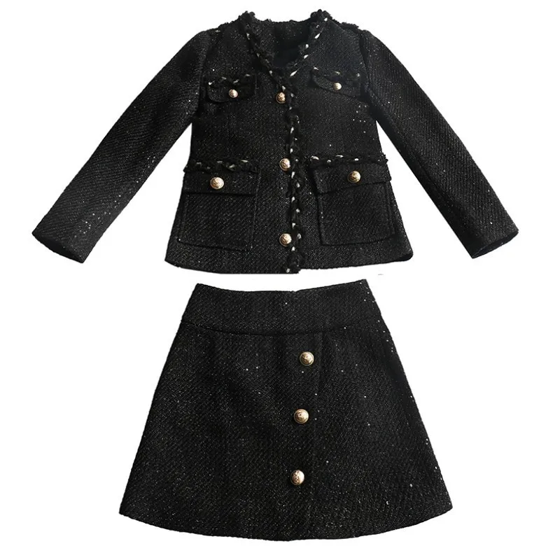 

Spring Autumn New V-Neck Single Breasted Long Sleeve Jackets High Waist Slim Fit A-Line Skirts Qualities Ladies Tweed 2Pcs Set