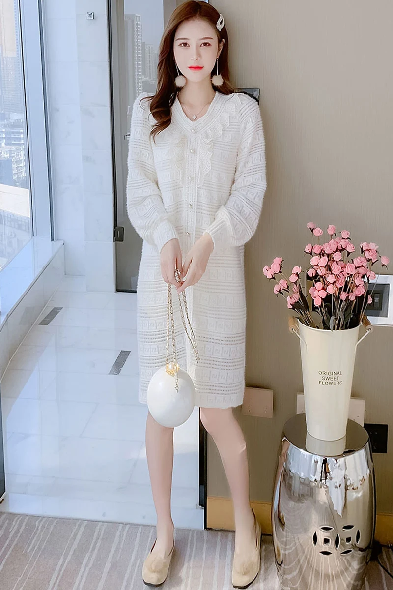 

COIGARSAM Knitting Women dress Spring Solid O-Neck Dresses 8283