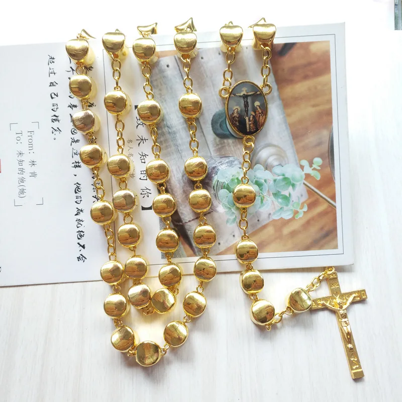 QIGO новый дизайн длинные золотые акриловые бусы ожерелье с розам крест Иисус