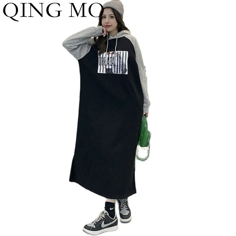 

QING MO Printing Contrast Color Hooded Sweatshirt Dress Women 2021 Autumn Winter New Plus Size Plus Velvet Padded Dress ZWL1295