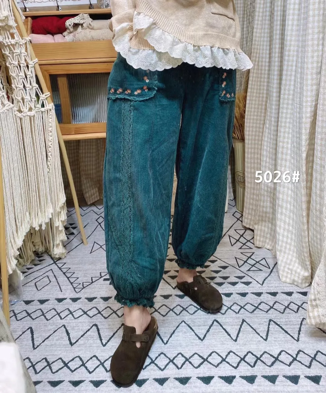 

Mori Girl vintage Embroidered Lace Corduroy Casual Pants Loose Elastic Waist Harem Pants Autumn Winter