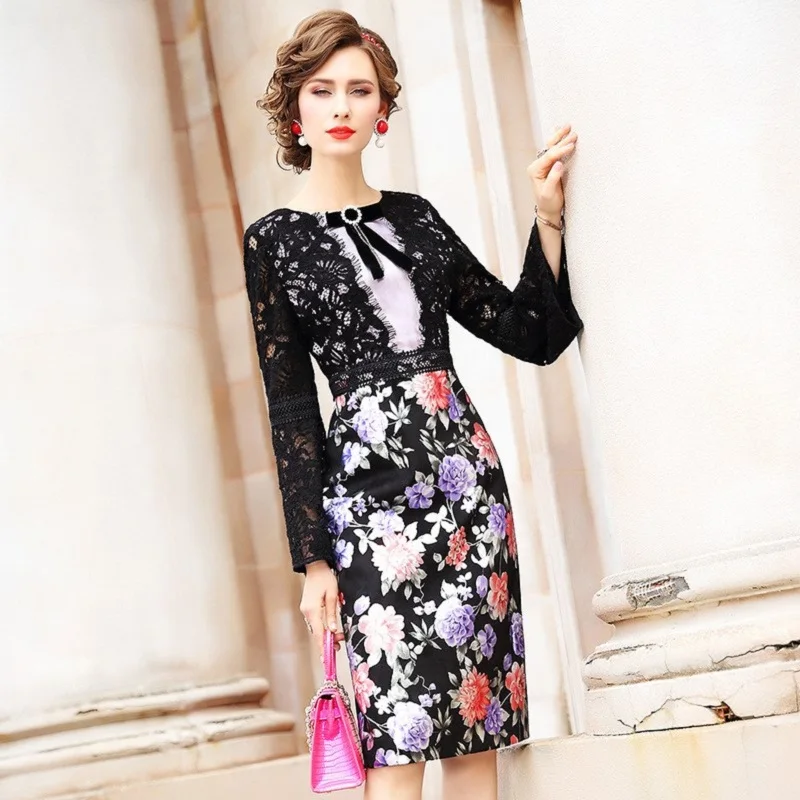 Весна 2019 новинка большой размер кружевное платье с принтом для работы женщин