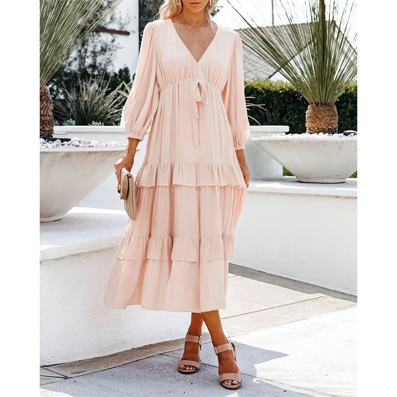 

New Arrived Puff Sleeves Ruffles V Neck Sexy Dress Women Summer Three Quarter Sleeve A-Line Solid Sashes Midi Dresses