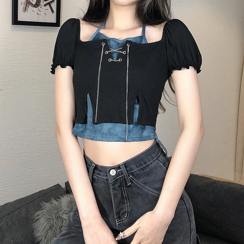 

Women Metal Chain Patchwork Halter Short T-shirts Summer Tie-dye Fake Two Piece Crop Tops Y2k Fashion Gothic Short Sleeve Tees