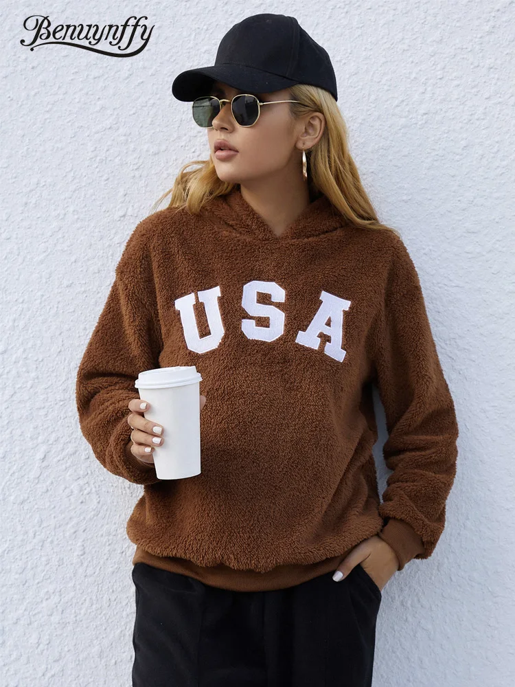 

Benuynffy Letter Graphic Autumn Winter Teddy Hoodie Fashion Loose Drop Shoulder Sweatshirt Casual Women Oversized Pullovers