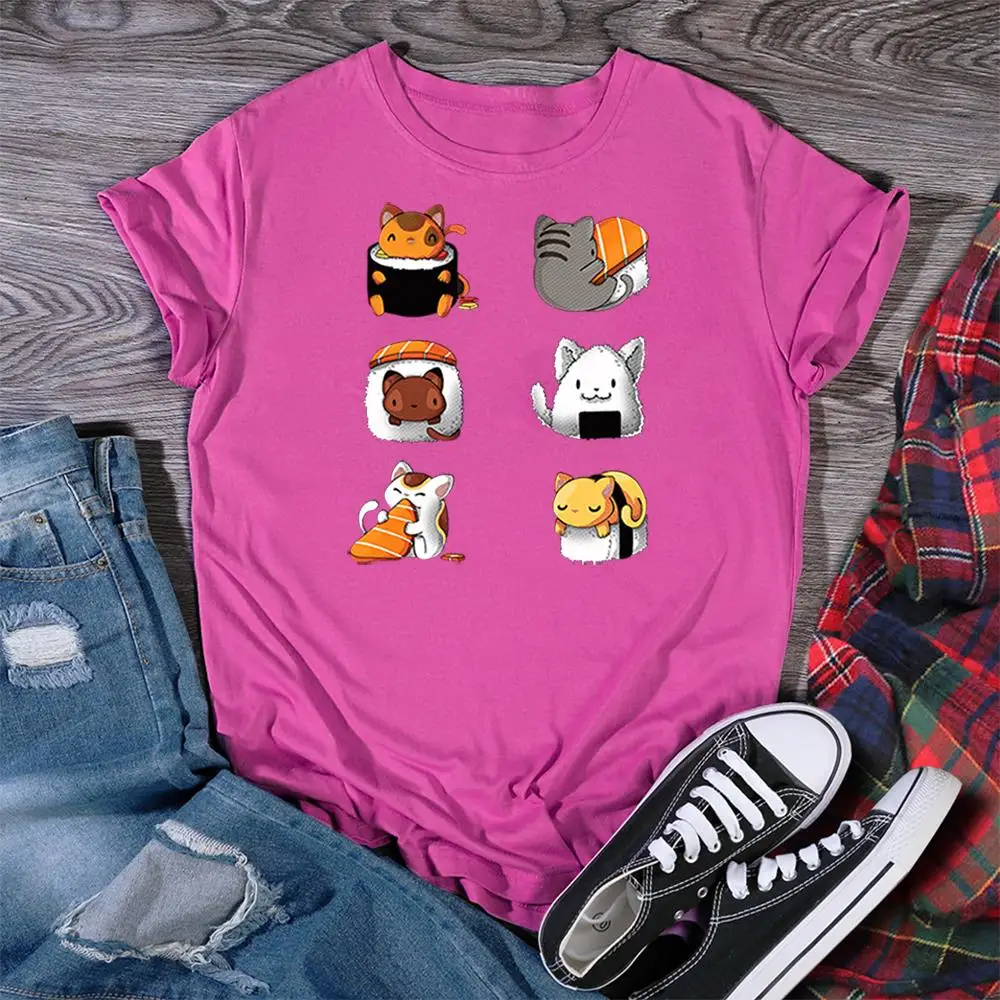 

Футболка женская с круглым вырезом, модная дышащая хлопковая рубашка в Корейском стиле, топ оверсайз в стиле хип-хоп, с мультяшными суши, кош...