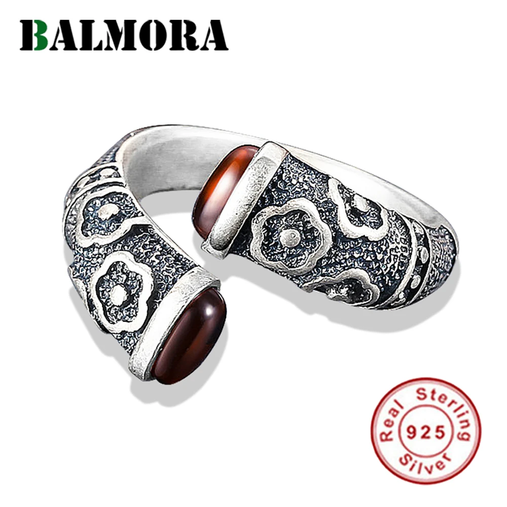 BALMORA Real 925 Sterling Silver Vintage Flower Engraving Open Rings for Women Mother Gift Red Garnet Punk Fashion Jewelry