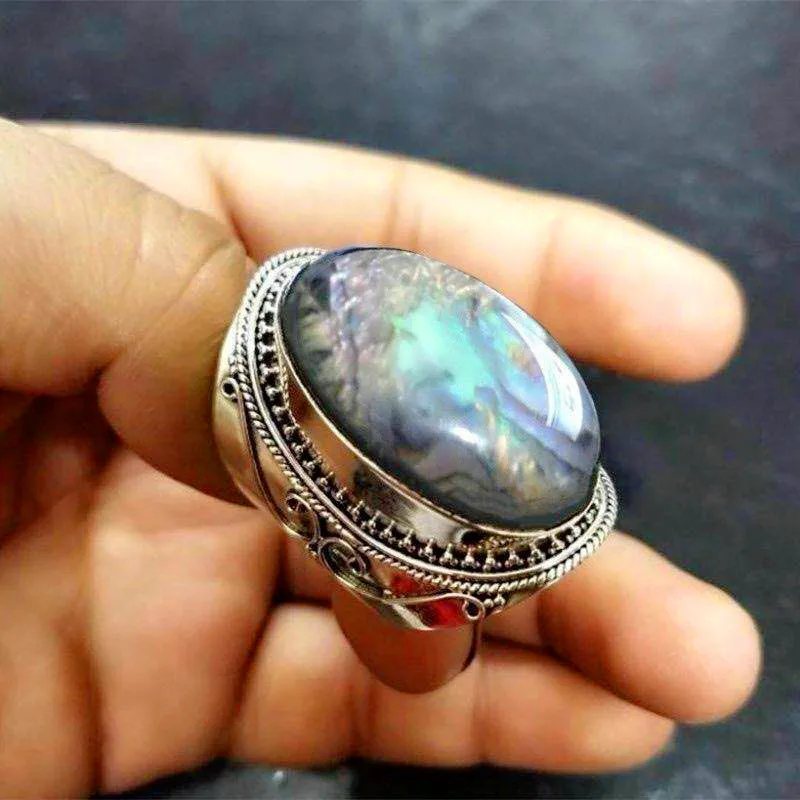 

Vintage Female Rainbow Oval Stone Ring Classic Silver Color Wedding Rings For Women Luxury Bridal Hollow Big Engagement Ring