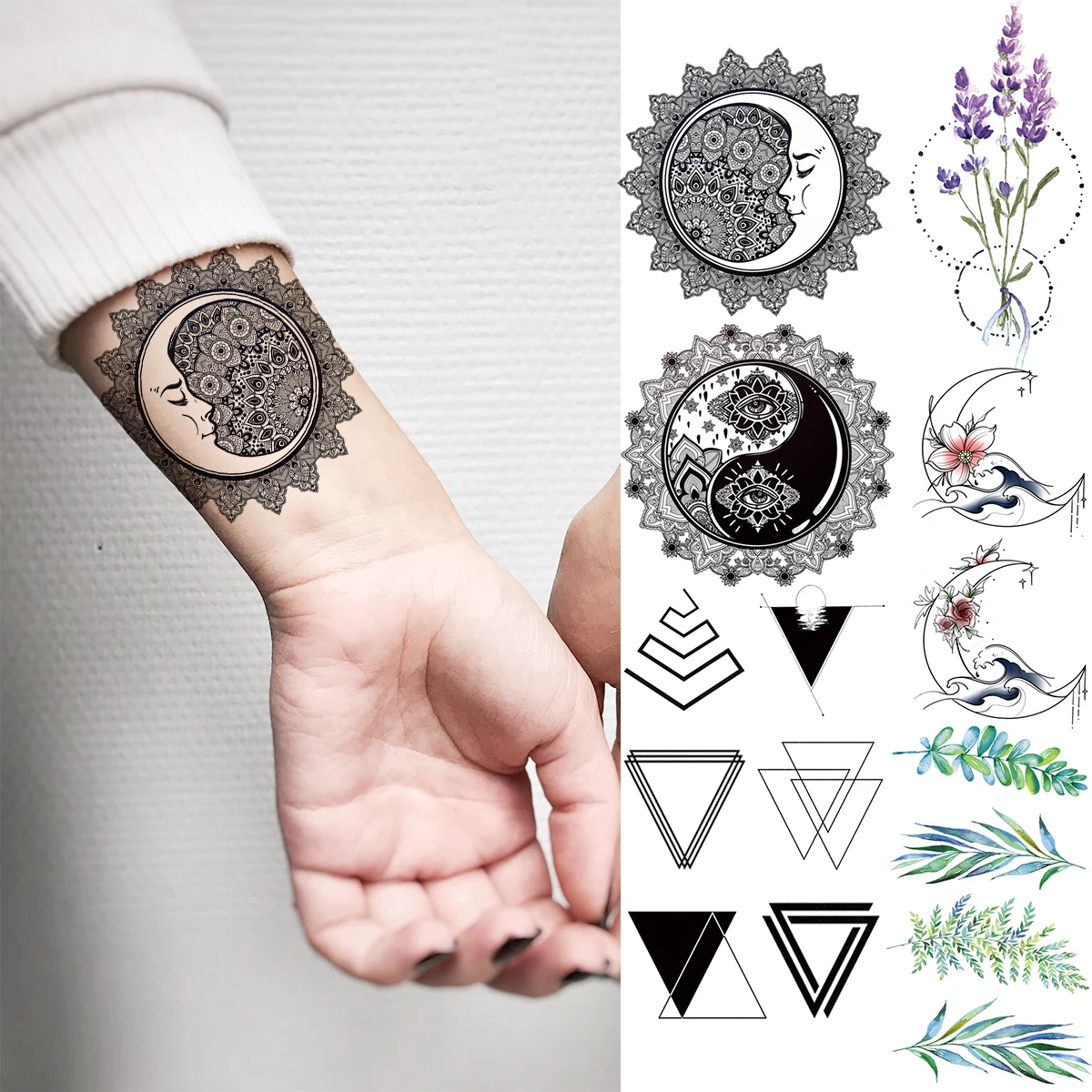 

3D Black Moon Totem Wrist Temporary Tattoos For Women Men Lavender Triangle Leaves Fake Tattoo Sticker Body Art Disposable Tatoo