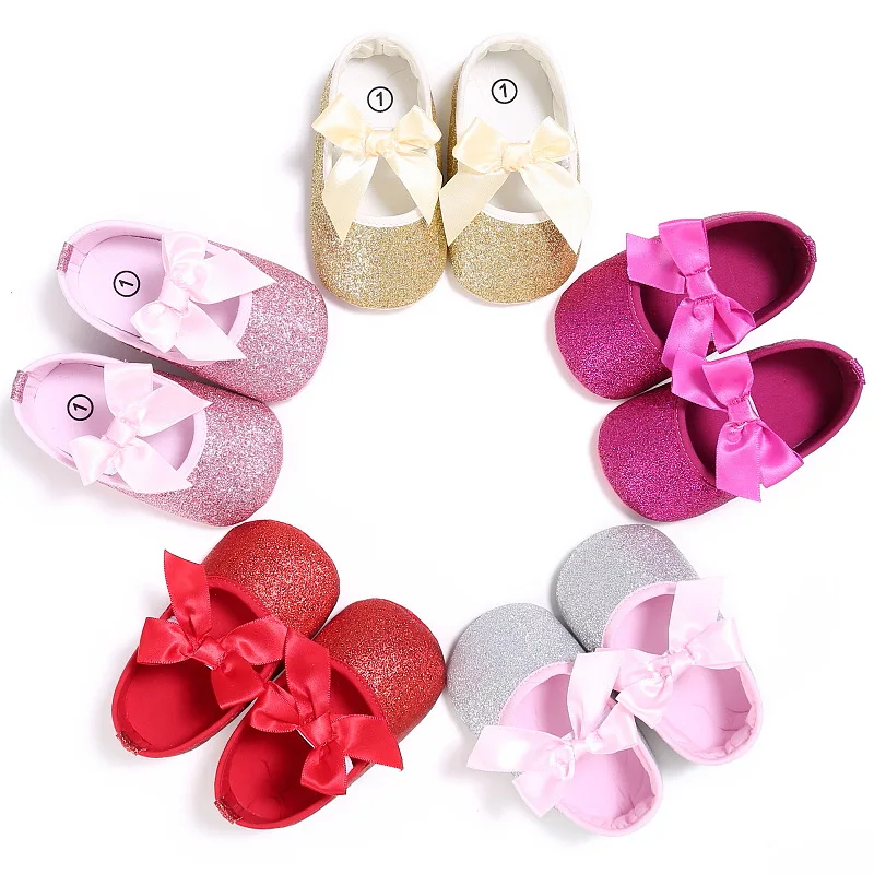 

Newborn baby girl solid color sequin bow soft bottom baby princess shoes