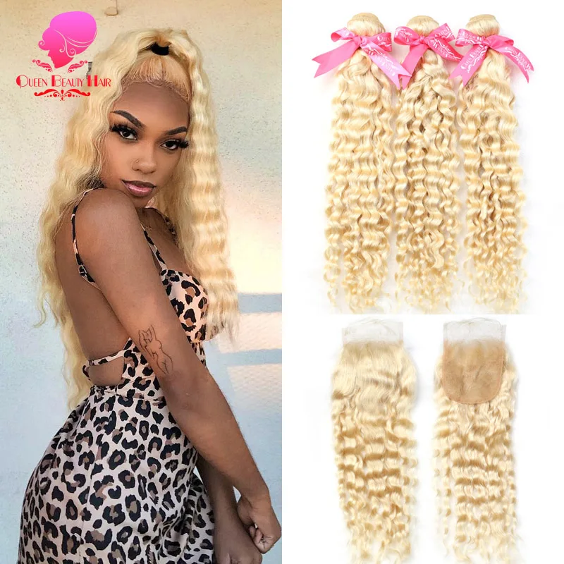 QUEENBEAUTY 3/4 пряди и 4x4 кружева закрытие блонд Remy человеческие волосы плетение 613 Цвет бразильская глубокая волна пряди с закрытием - изображение