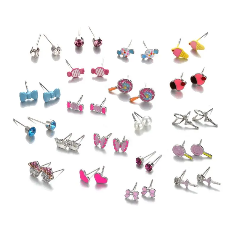 

20 Pairs Kids Stud Earrings Set Mixed Color Cute Animal Heart Pearl CZ Studs Kit