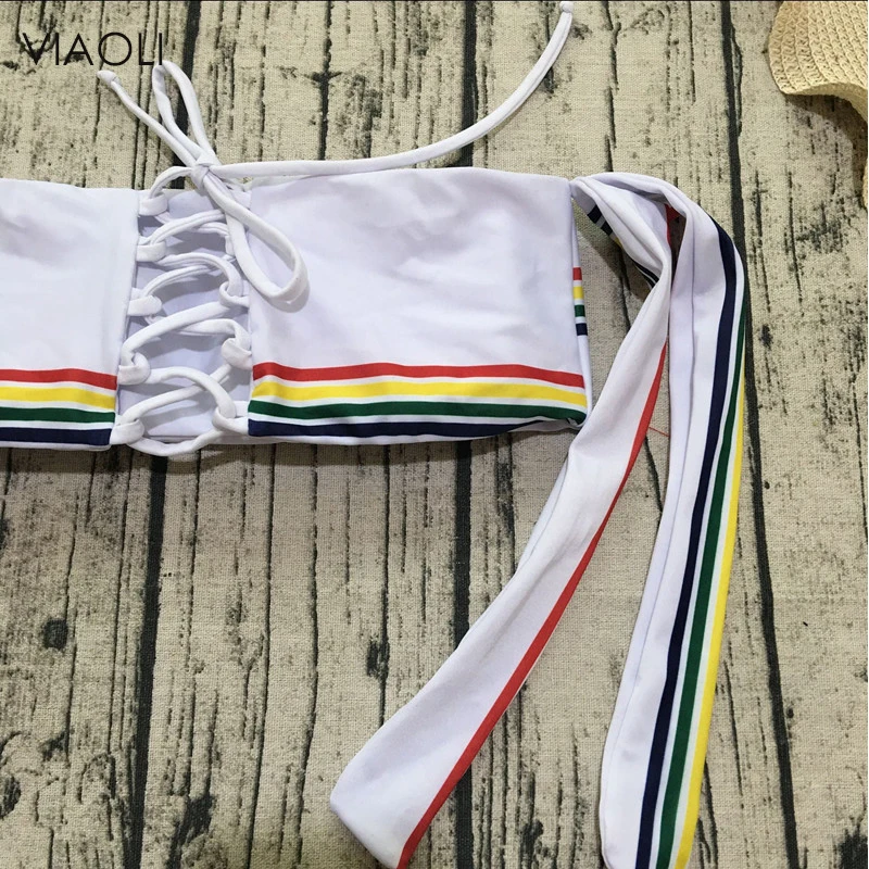 Новинка пикантный полосатый комплект бикини VIAOLI без бретелек бандаж на спине