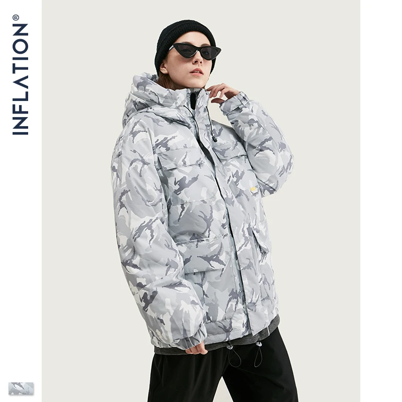 Инфляция камуфляж пуховик для мужчин FW уличная 70% утиный пух пальто хип хоп Свободный с капюшоном теплая зимняя мужская куртка одежда 9747W