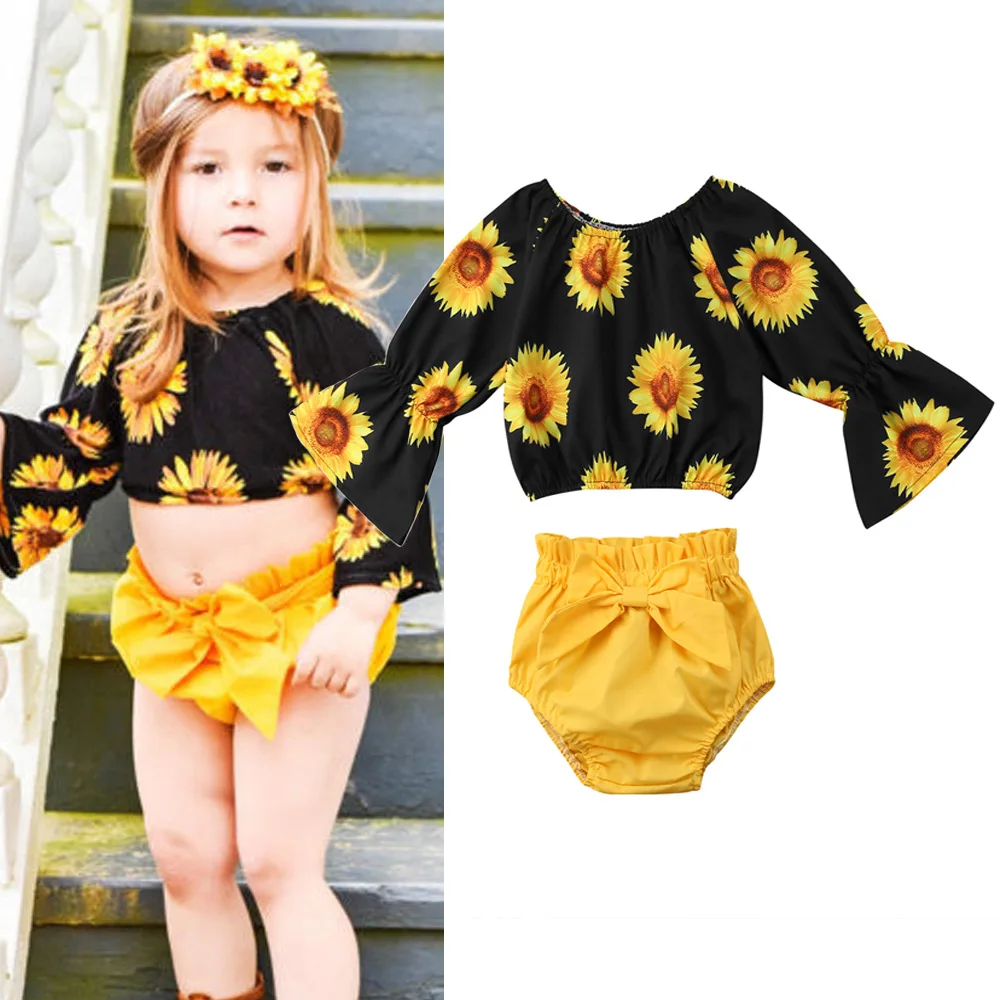 Комплект из 2 предметов для маленьких девочек топы с открытыми плечами и рюшами