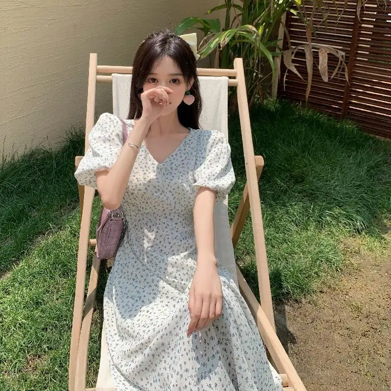 

Women Summer Chiffon V-Neck Print Slim High Waist Design Long Dress Elegant Women Clothes Vestidos