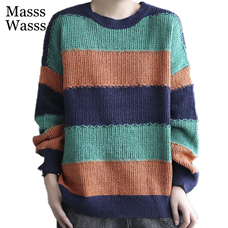 

Женский свободный винтажный пуловер Masss Wasss, повседневный элегантный джемпер в стиле пэчворк с круглым вырезом, осень 2021
