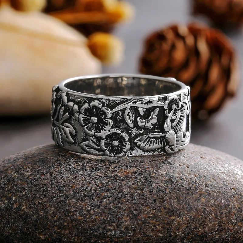

Vintage Punk Style Carved Flower Women Ring Finger Jewelry Hip Hop Rock Culture Ring Unisex Female Party Metal Rings Accessories