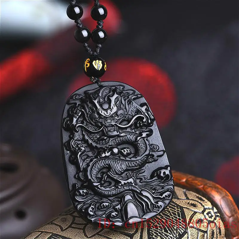 Ожерелье с бусинами из натурального черного обсидиана ручная работа кулон в виде