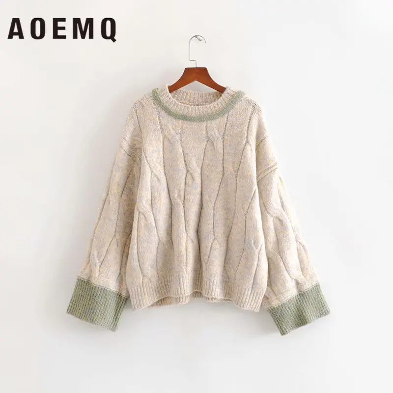Фото AOEMQ толстые теплые свитера свободные 100% хлопок 3 цвета однотонный волнистый принт