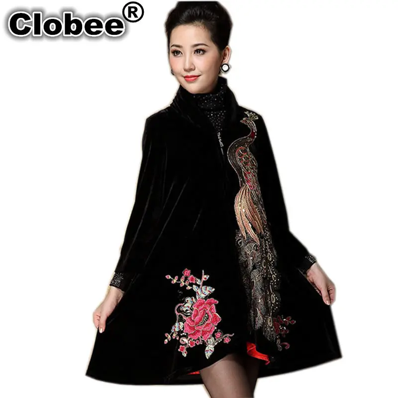 Вельветовое платье с вышивкой Женский бархатный кардиган павлином блестками