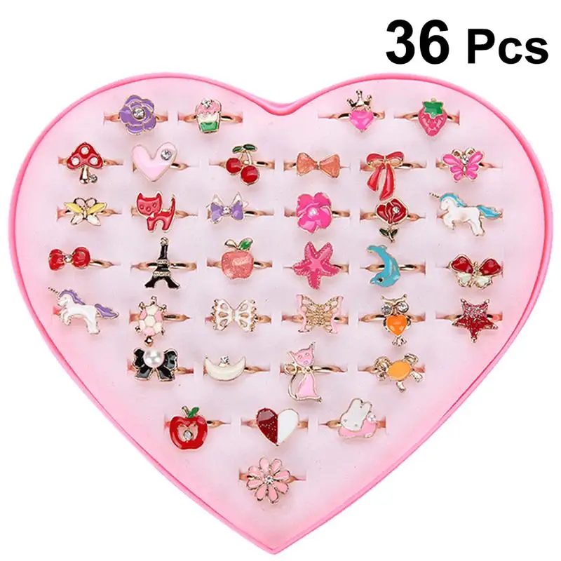 

36pcs Cartoon Rings Alloy Colorful Lovely Adjustable Party Jewelry Gifts Party Favors Toys for Children Kids Girls Finger Rings
