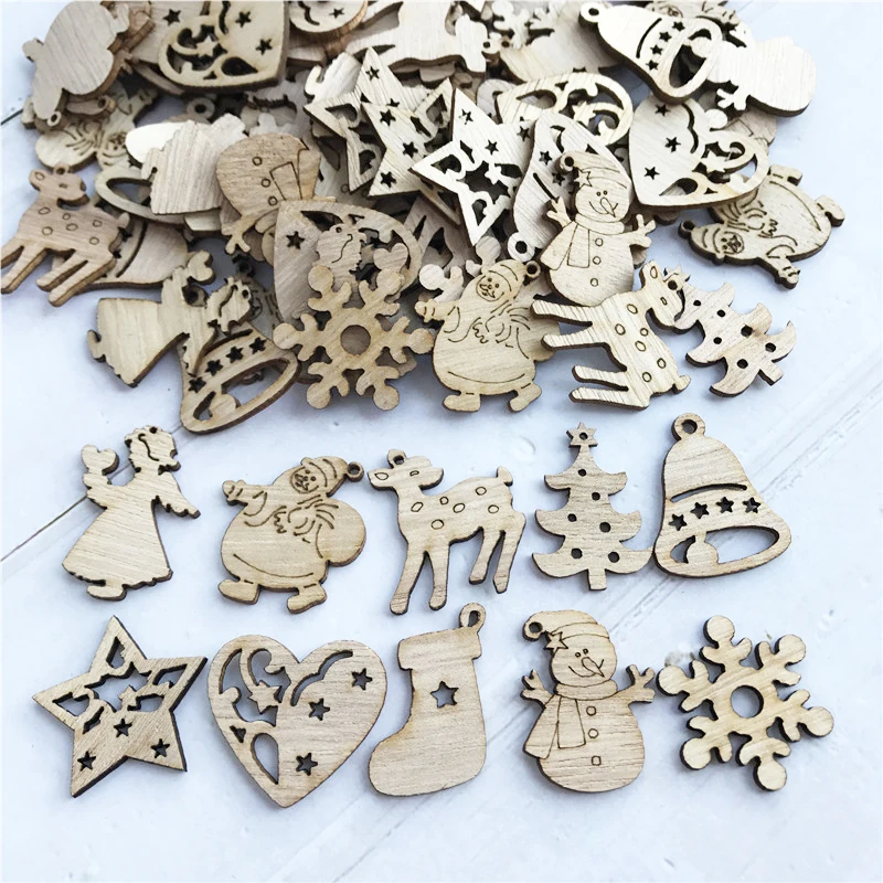 1 50/100 шт. DIY Плетеный абажур из натурального дерева чип Рождественская елка висячие украшения кулон подарки для детей Снеговик Форма Рождество украшения для дома - Цвет: 1