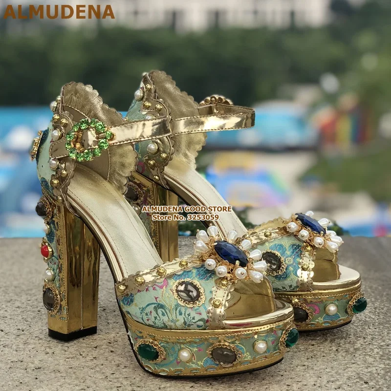 ALMUDENA/Босоножки на платформе, Украшенные бусинами, на массивном каблуке, украшенные стразами; свадебные туфли-лодочки в стиле ретро, синего, золотого цвета, украшенные стразами