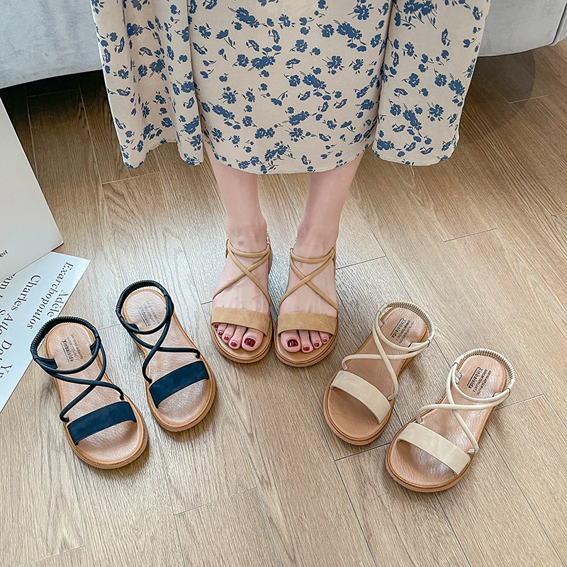 

2021 Sandals Female Shoe Cross Slip-on Loafers Summer Women's Cross-Shoes Strappy Heels New Girls Low Beige Fashion Comfort Elas