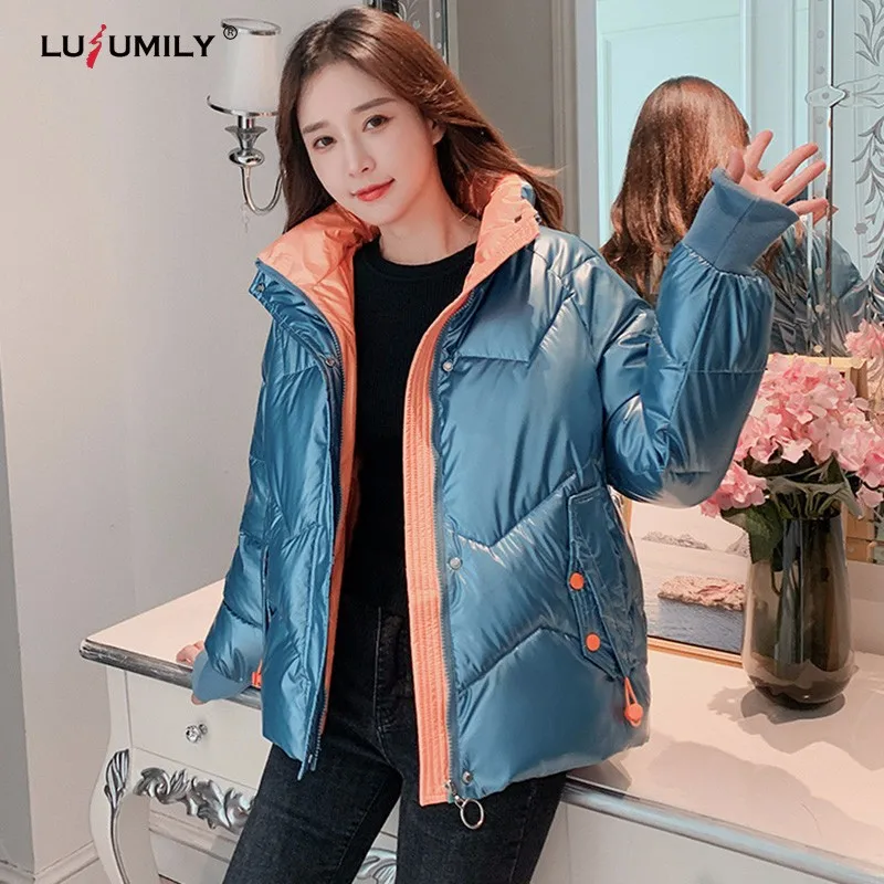 

Lusumily Winter Short Warm Coats Women Down Jacket White Duck Down Parka Stand Collar Glossy Outwear Female Cotton Padded Jacket