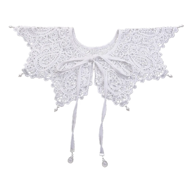 

L5YA Ethnic Hanfu Decorative Lace Shawl Fake Collar Pearl Tassel Necklace Mini Poncho