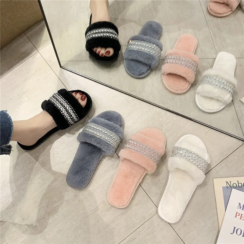 

2020 Winter Fashion Women Home Slippers Faux Fur Warm Shoes Woman Slip on Flats Diamond Decoration 1.5cm Heel Plus Size 41