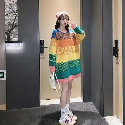 

ZITY Pull Femme Nouveaute 2020 Women Warm Rainbow Sweater And Pullovers Coloful Striped Knitwear Long Oversized Pull Sweaters