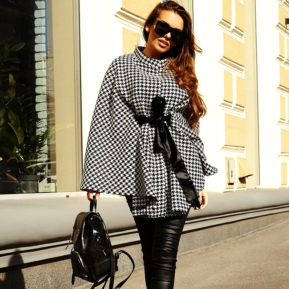 

Turtleneck Houndstooth Women's Cloak Poncho Long Sleeve Winter Tweed Bow Cape Coat High Street Style Loose Fashion Plaid Coats
