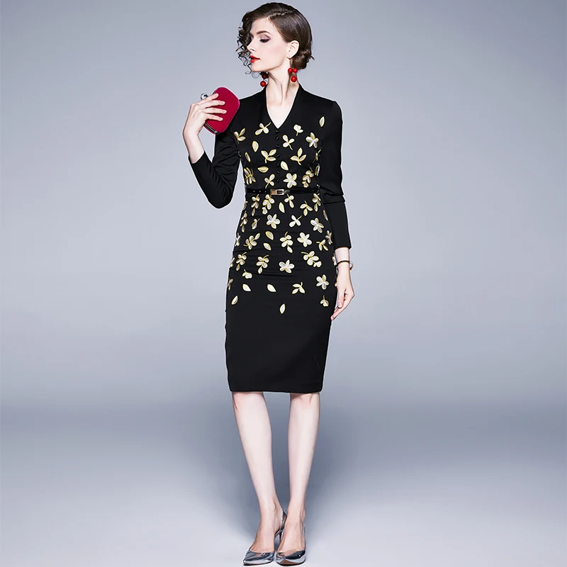 Женское Деловое платье с цветочной вышивкой элегантное облегающее миди для