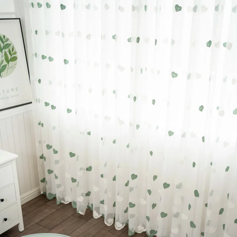 Korean Green Heart Tulle Curtain For Living Room Lovely Voile Sheer Kids Bedroom Bay Kitchen Window Panels X-JD1200 | Дом и сад