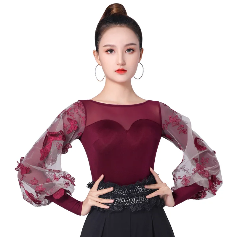 

New Fashion Latin Dance Practice Clothes Modern Women'S Long-Sleeved Mesh Red Latin Ballroom Dance Performance Clothes DN7594